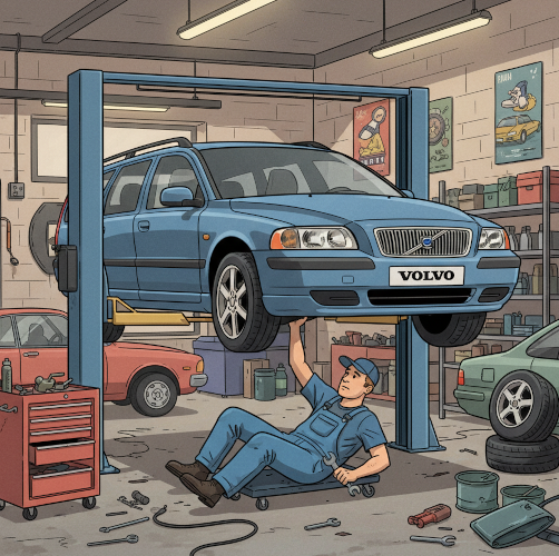 Zeichnung eines Mechanikers bei der Reparatur eines Autos